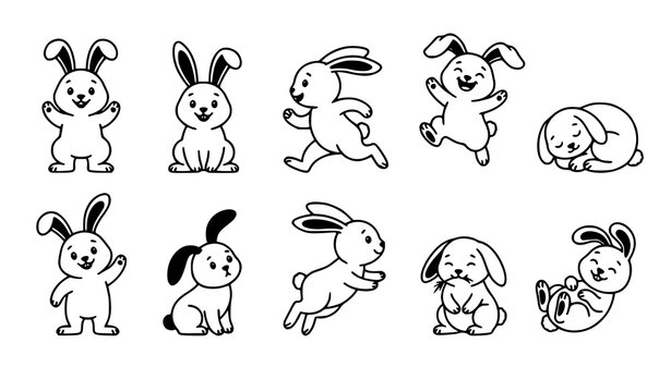 Cute Cartoon Rabbit and Bunny Characters Standing Sitting Running Jumping Black White Vector Set
