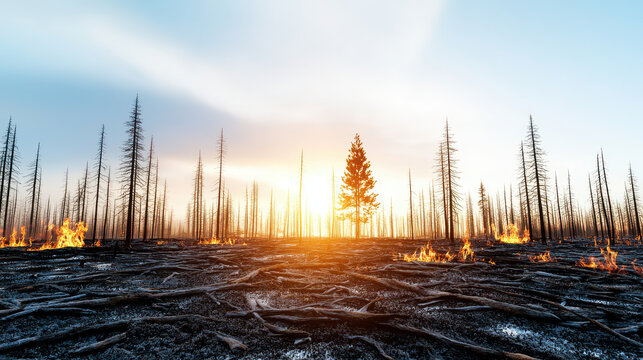 Dramatic landscape of forest fire scene, showcasing charred trees and flames against sunset backdrop. image evokes sense of destruction