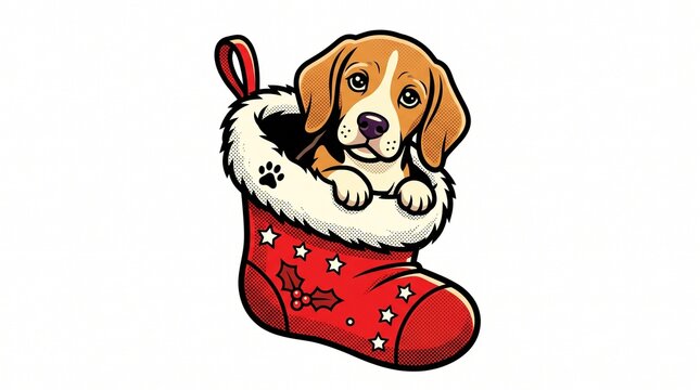 Adorable Beagle puppy peeking out of a Christmas stocking in a classic pop art vector design.