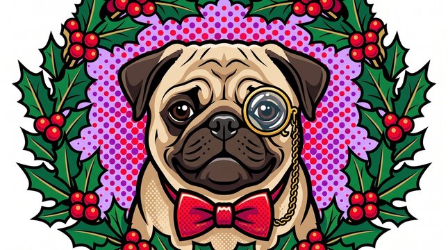 Dapper Pug wearing a festive bowtie and monocle, styled in a classic pop art vector aesthetic.