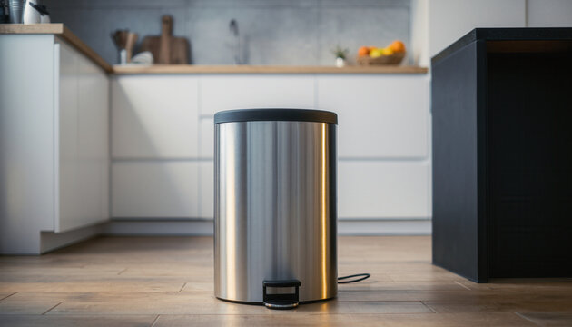 Modern kitchen with a stainless steel trash can positioned on the floor near the center of the room