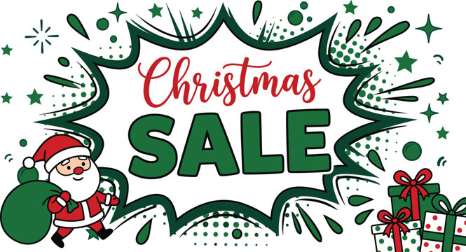 Christmas sale comic style banner with santa claus carrying green sack and gift box pile