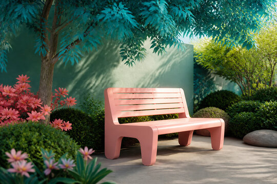 A pink wooden bench sits in a lush, green outdoor garden area under dappled sunlight.