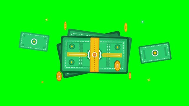 Animated green money stack floating with gold coins on green background