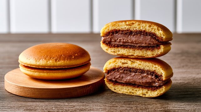 Dorayaki japanese pancakes stacked and sliced showing red bean filling on a wooden table in a sharp macro shot for confectionery branding