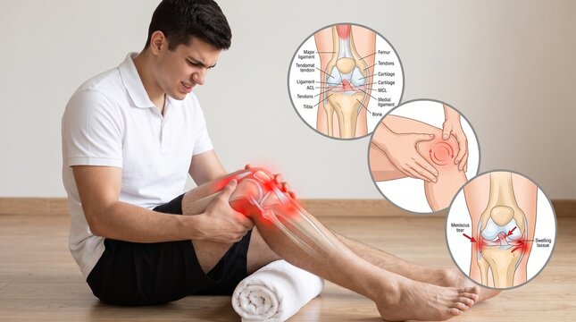 Young man suffering from knee pain with anatomical diagrams