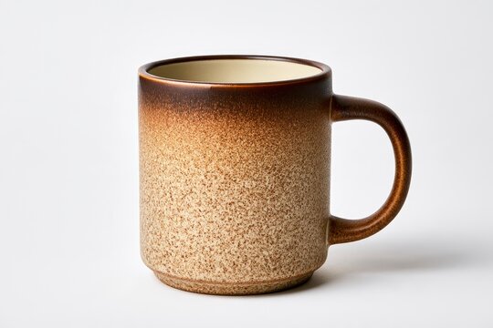 Speckled ceramic mug with brown gradient glaze standing on a white studio background in a sharp macro shot for kitchenware retail marketing