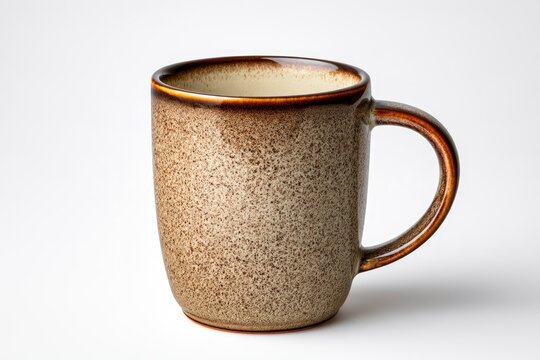 Earthy stoneware mug resting on a white studio surface in a sharp macro shot with soft side lighting for artisanal coffee shop branding