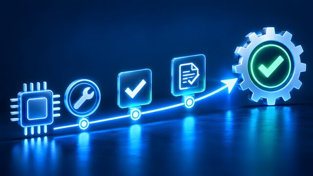 Digital Workflow Automation with Sequential Process Icons and Final Approval Gear