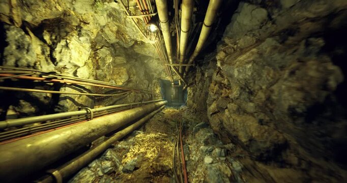 dim underground tunnel with rusted pipes, dripping water and scattered debris corroded brackets and insulation lines cling to jagged rock walls, moody