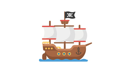 A colorful pirate ship illustration features white sails and a skull and crossbones flag against a white background © rinanani700