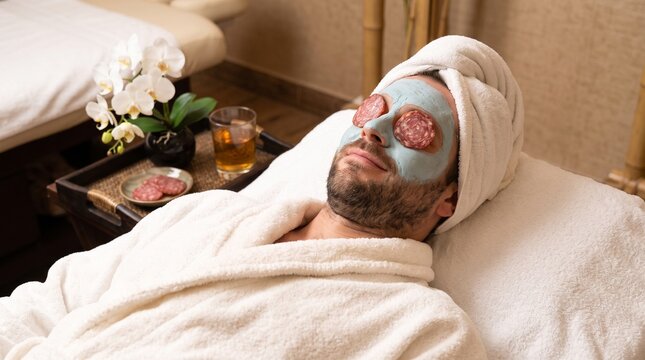 Bearded man in bathrobe with facial mask and salami eye pads