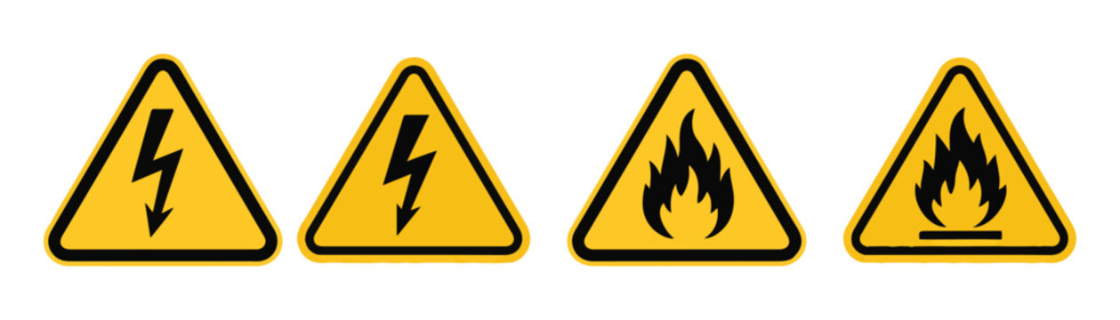 Set of yellow warning hazard signs with high voltage and fire flame icons on transparent ground.