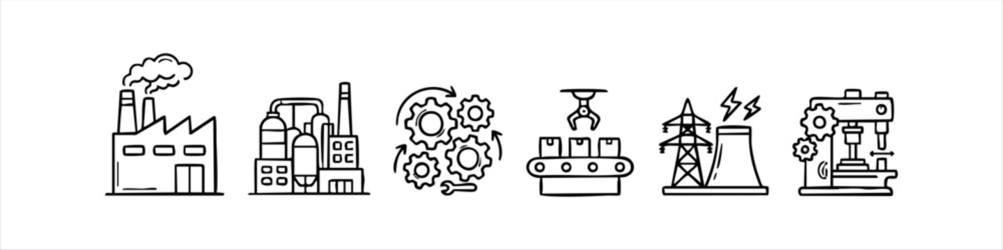 Industrial and Manufacturing Doodle Icons Set, Hand Drawn Vector Line Art