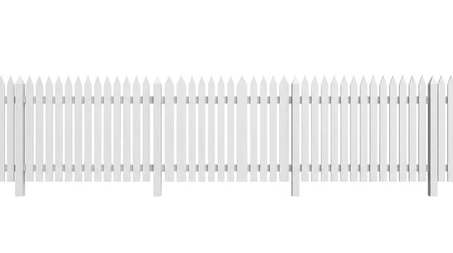 White wooden picket fence on transparent background. Boundary and privacy concept. Garden enclosure and property perimeter. Home improvement, fencing and landscaping construction.