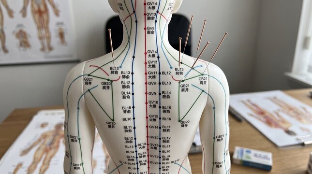Acupuncture mannequin model with needles showing meridian points