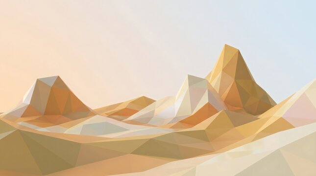 Abstract geometric landscape with low poly mountains and soft pastel sky.