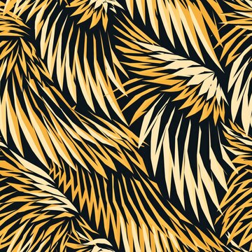 Tropical palm leaf pattern with overlapping golden fronds on a dark background in a sharp macro shot for luxury textile and summer fashion marketing