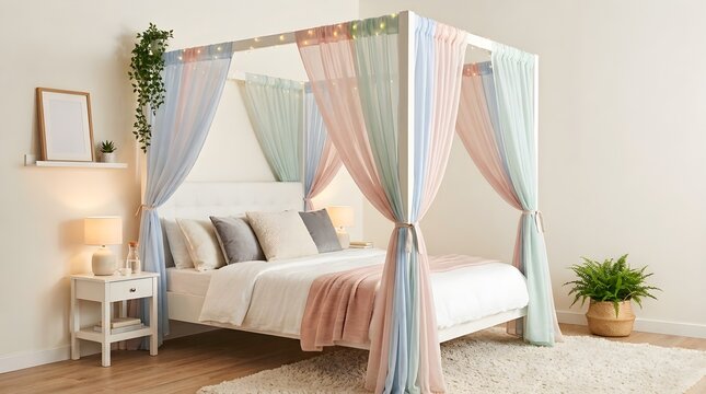 Cozy Bedroom Interior Featuring a Pastel Canopy Bed with Fairy Lights and Modern Decor