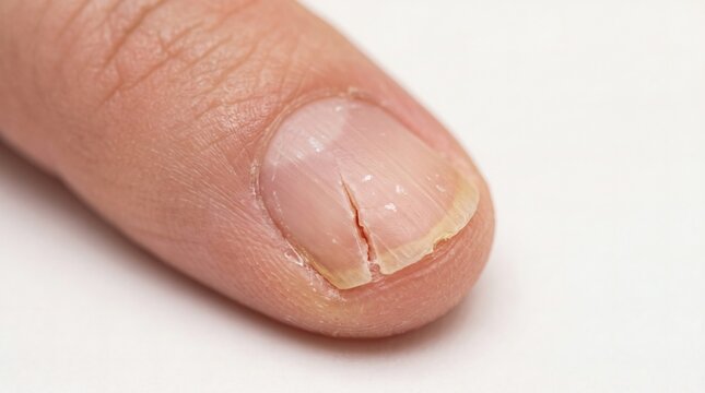 Close-up of a cracked fingernail on a human finger showing damage and dryness.