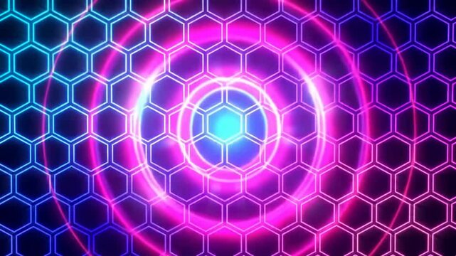Hexagonal neon grid glowing in electric blue with honeycomb pattern pulsing softly for futuristic sci-fi tech backgrounds in seamless loop
