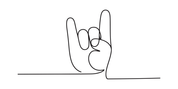 Rock and roll hand gesture one continuous line art drawing for music culture symbol.