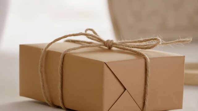Close up of kraft paper gift box tied with jute twine bow on neutral table 60 FPS
