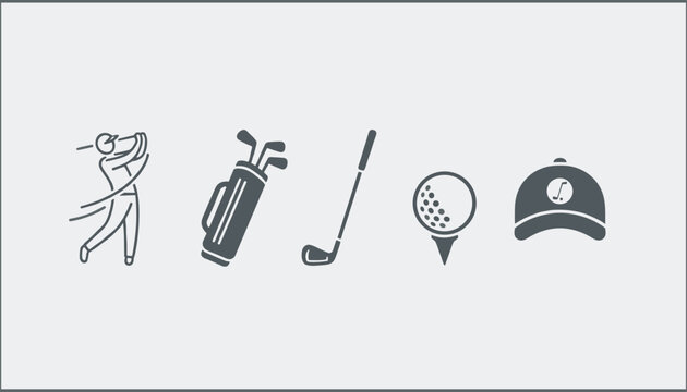 Five flat grey golf icons representing a golfer swinging, a bag of clubs, a golf club, a ball on tee, and a cap.