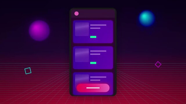 Generic mobile app user interface on retro synthwave background