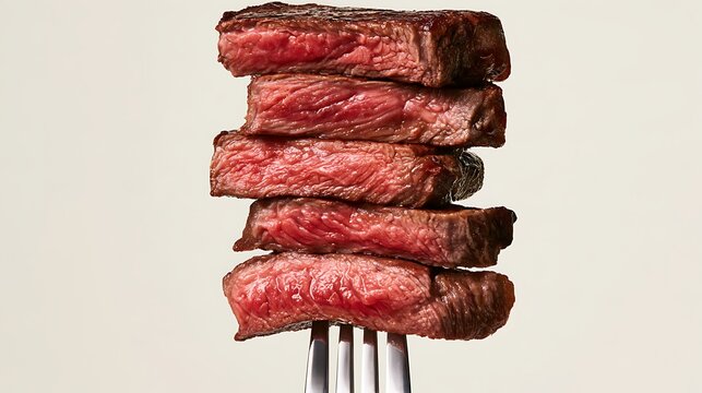 Stack of cooked beef steaks skewered on a fork, close-up shot