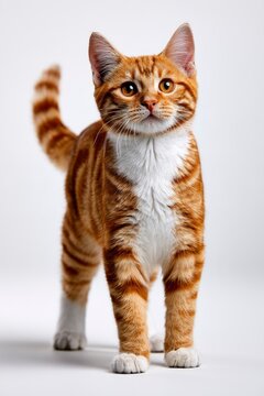 Ginger tabby kitten looking alert on white studio floor in a sharp full-body shot for veterinary marketing