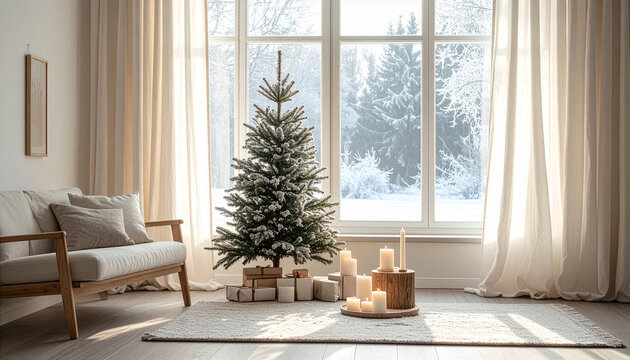 Quiet Christmas morning interior with snowy window and candles