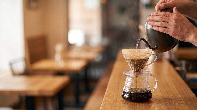 Barista hand pouring hot water from a gooseneck kettle into V60 dripper, manual brew coffee preparation with copy space