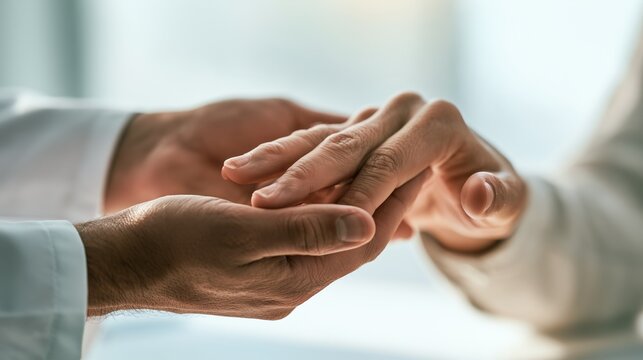 Close-up of a physician's hands gently demonstrating hypermobile finger joint flexion on a patient's hand in a bright modern clinic, Beighton score assessment, Ehlers-Danlos syndrome