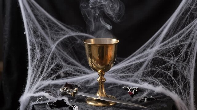 Mysterious Smoke Rising from an Antique Goblet Surrounded by Cobwebs