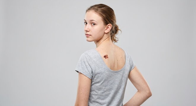 Rear portrait of young woman showing large atypical pigmented nevus mole on shoulder blade
