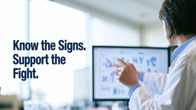 Wide banner of a geneticist reviewing a DNA panel on a monitor in a bright lab, bold text "Know the Signs. Support the Fight." on the left