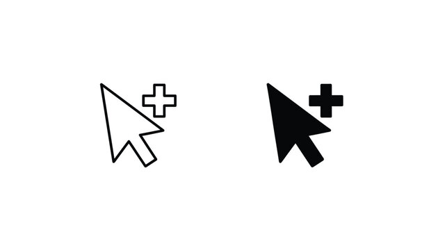 Computer mouse cursor pointer arrow with a plus symbol in outline and solid black vector design elements.