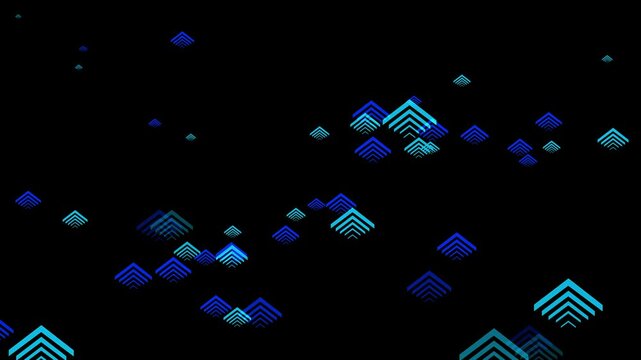 Black background with scattered neon chevron/arrow-shaped layered icons animation