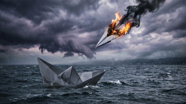 Paper boat faces fiery disaster in stormy seas.