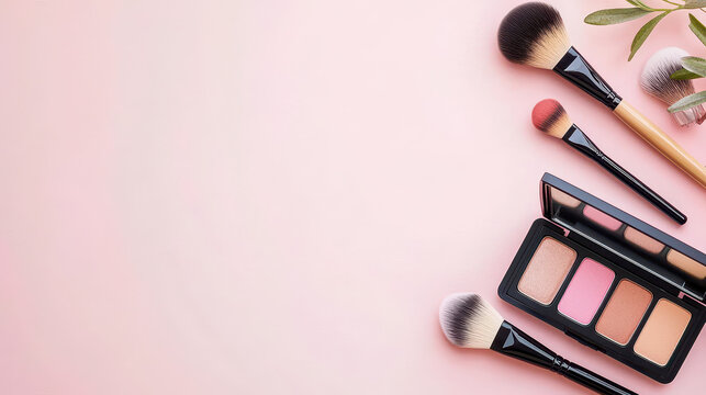 Makeup brushes and palette arranged on soft pink background create serene beauty scene, perfect for makeup enthusiasts