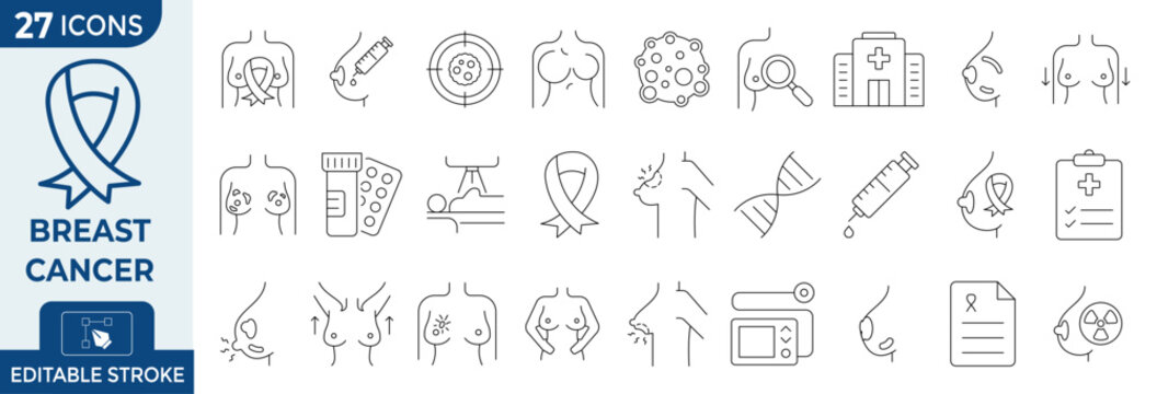 Breast cancer line icon set, 27 medical oncology vector icons, awareness ribbon and mammography graphics for health infographics