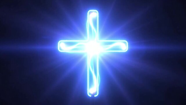 Glowing blue neon cross symbol on dark background glowing sign religious