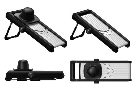 Multiple views of a black mandoline slicer, a versatile kitchen tool for slicing and grating.
