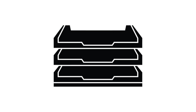 Solid black icon representing a stack of three empty office document file trays for paper organization and storage.