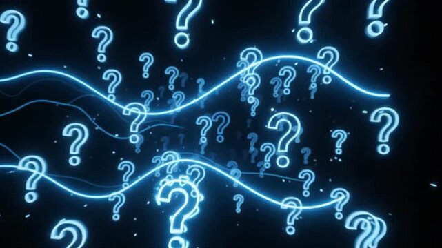 Floating glowing blue neon question marks on black background question