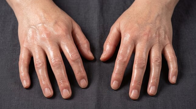 Overhead Close Up of Female Hands Showing Shiny Tight Skin from Scleroderma