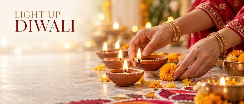 Diwali celebration with woman lighting oil lamps beside marigold flowers and colorful rangoli, English greeting text Light Up Diwali, warm festive glow and ample copy space for seasonal advertising