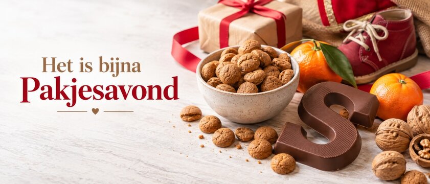 Dutch Sinterklaas celebration banner with Pakjesavond greeting, wrapped gifts, chocolate letter, mandarins, speculaas cookies, and shoes on rustic table, offering festive seasonal copy space