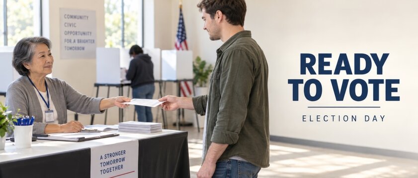 USA Election Day polling station with mature woman handing ballot to young man, American flag and ready to vote message, civic participation, voter registration, democracy, and public service banner